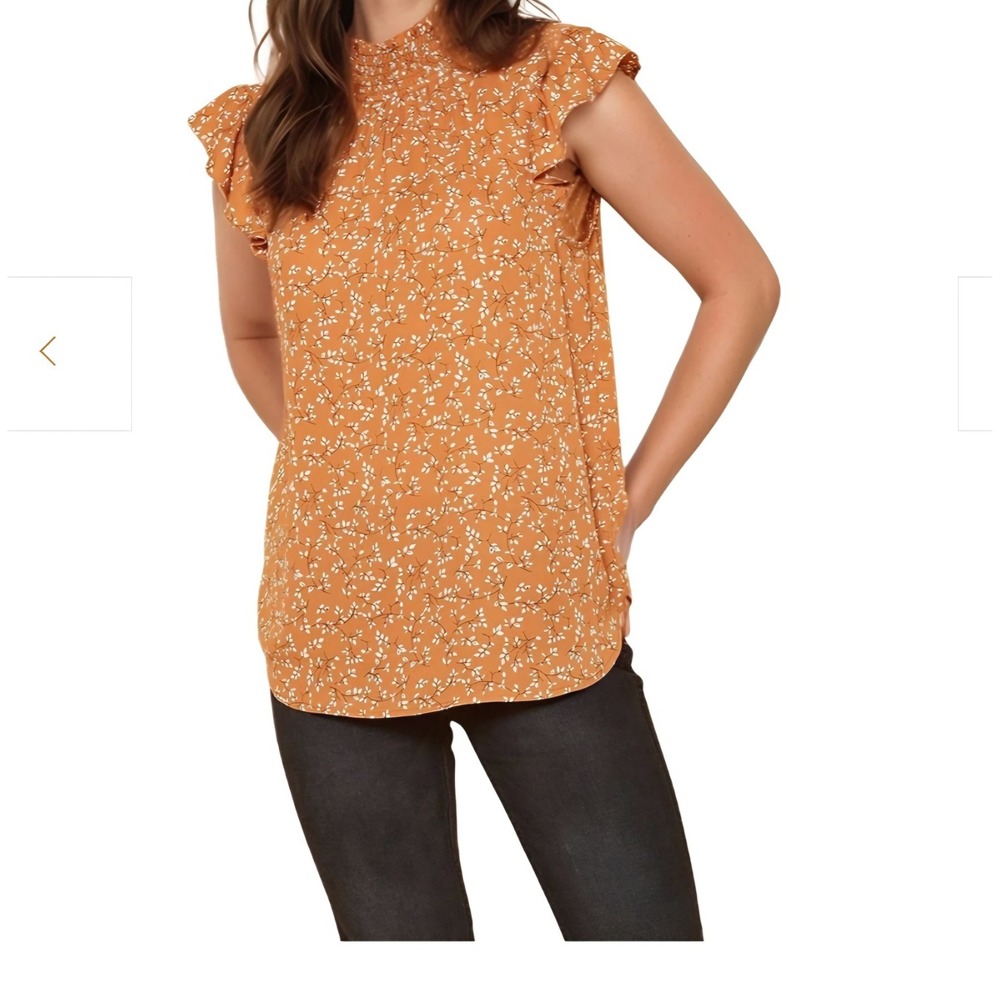 Pleione Brown Floral Mock Neck Sleeveless Chiffon Ruffle Blouse XL WQ2511336